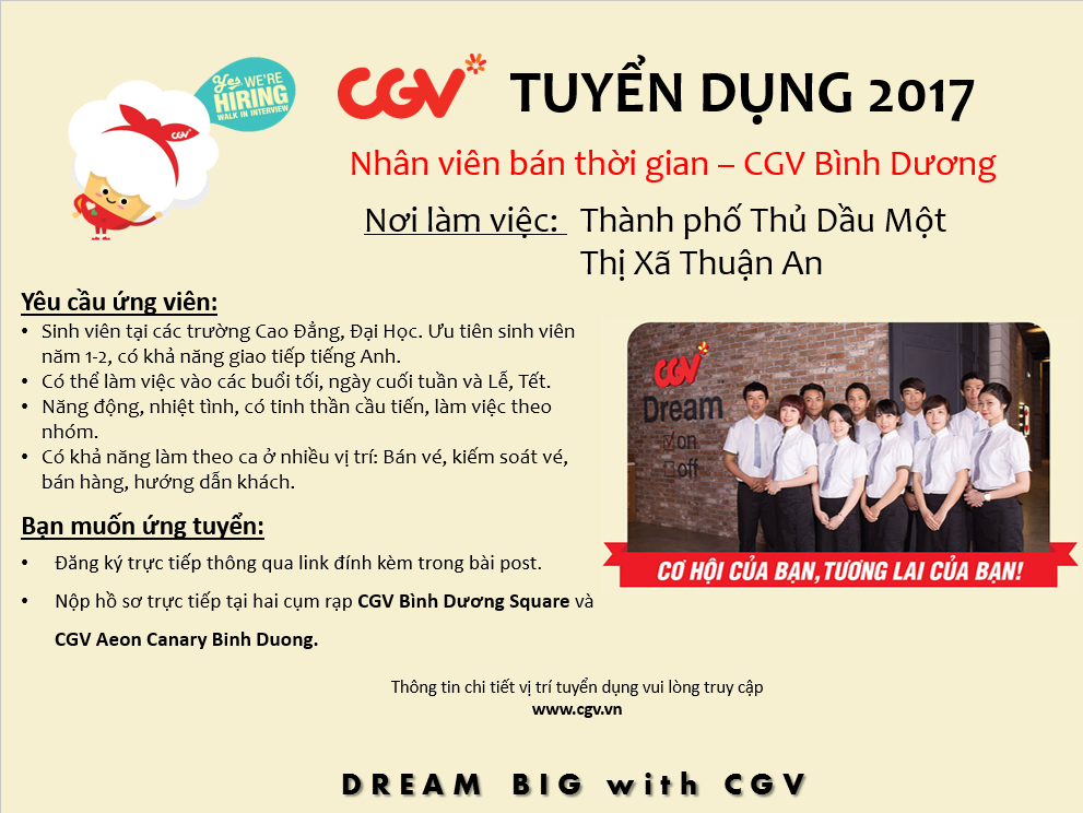 Bình Dương] Cgv Tuyển Dụng Vị Trí Nhân Viên Bán Thời Gian 2017 - Ybox