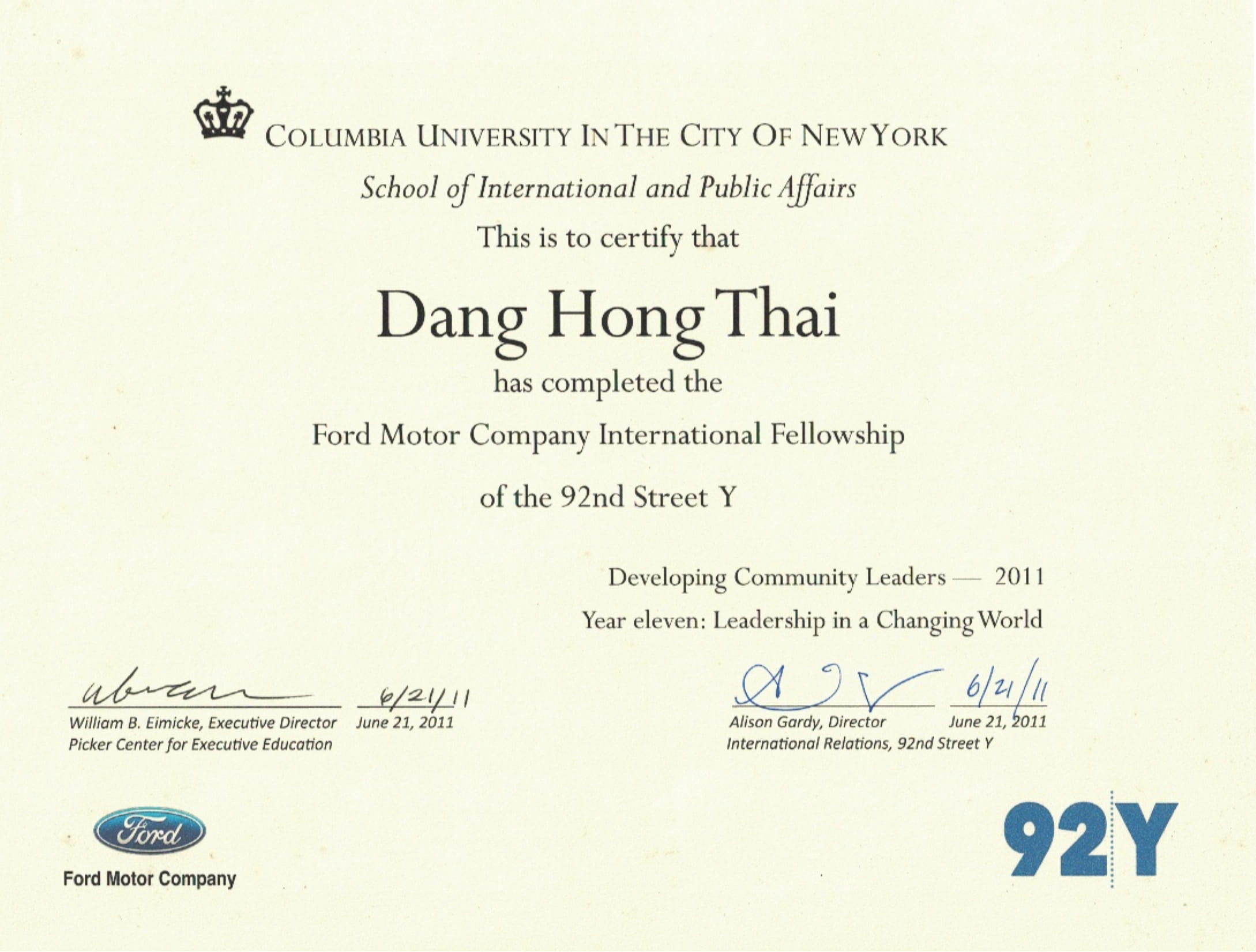 Ford Motor Fellowship 2011 Certificate