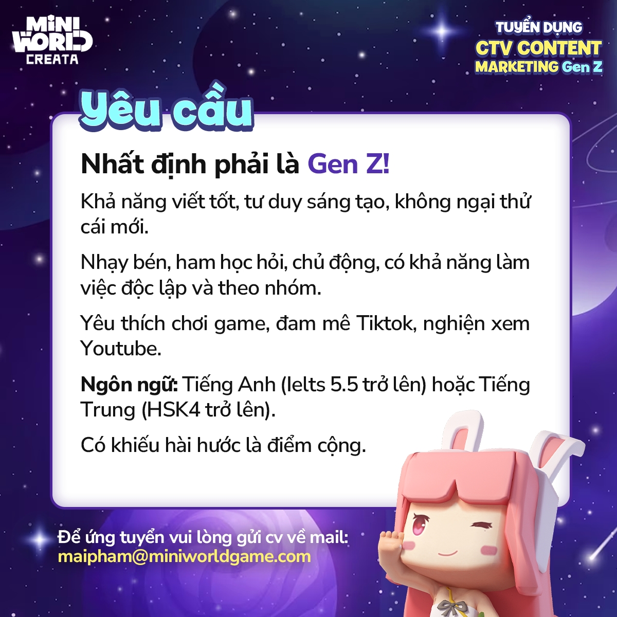 Mini World: Creata Vietnam - MINI WORLD TUYỂN 5 CỘNG TÁC VIÊN WIKI! 📢📢📢  1/ Yêu cầu 🎮 13 tuổi trở lên. Chơi Mini World từ 2 năm trở lên. Am hiểu